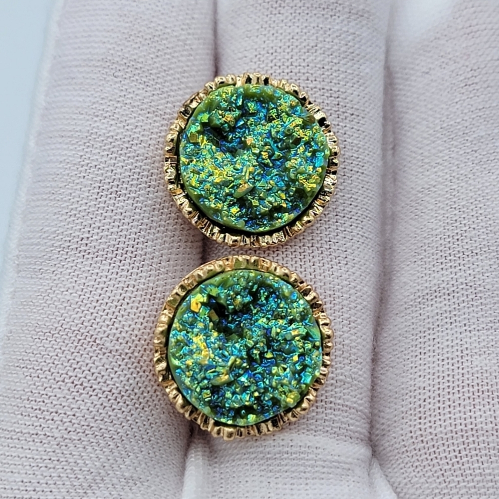 Green Druzy Stud Earrings Goldtone Setting #2450
